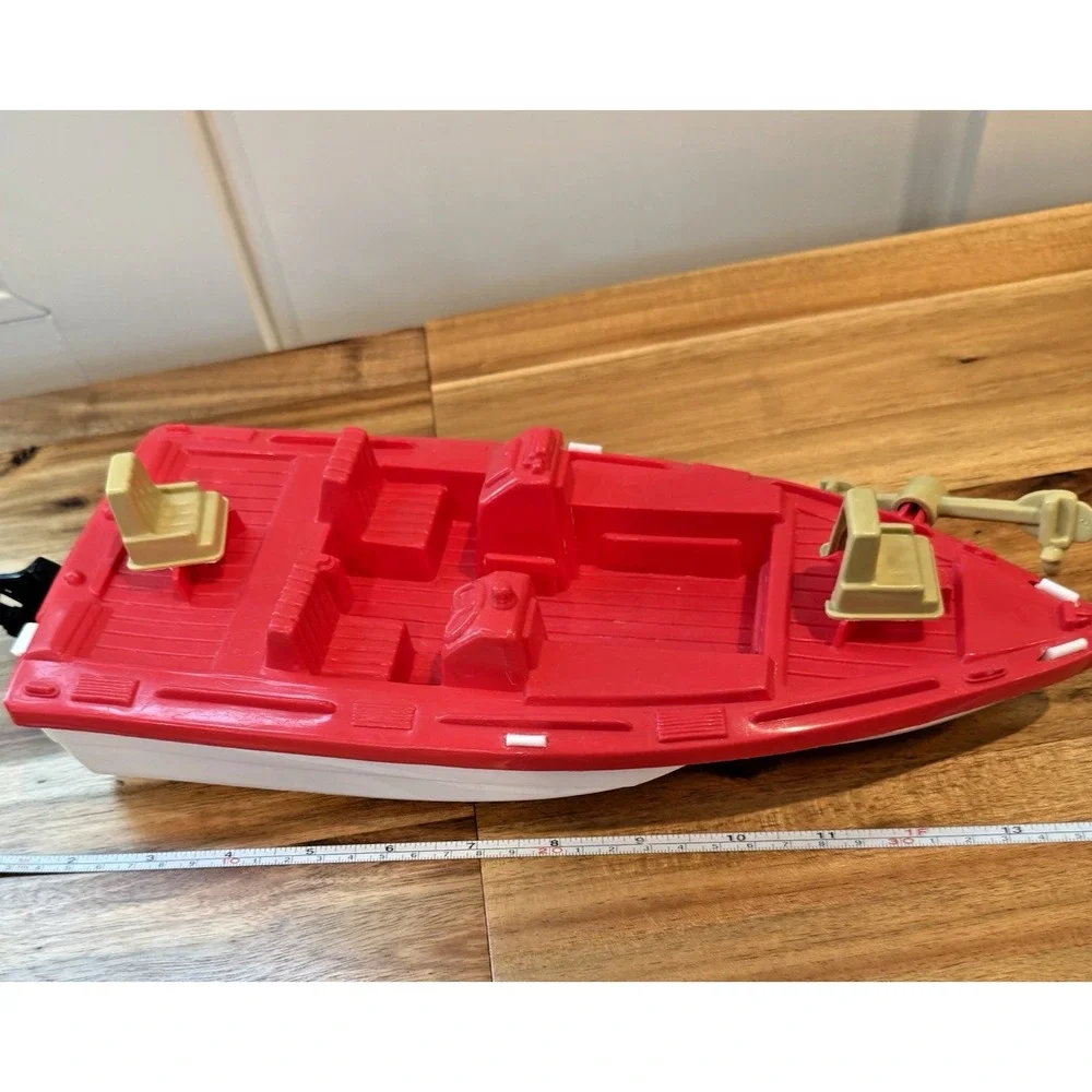 Vintage American Plastic Toys Red White Power Speed Boat Tan Seats Propeller